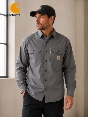 Carhartt Rugged Flex Work Shirt Gray Ripstop Button Front Men’s Medium